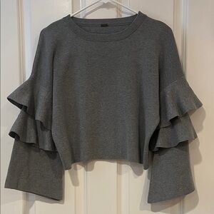 Charcoal Gray Ruffle Sleeve Cropped Knit Sweater